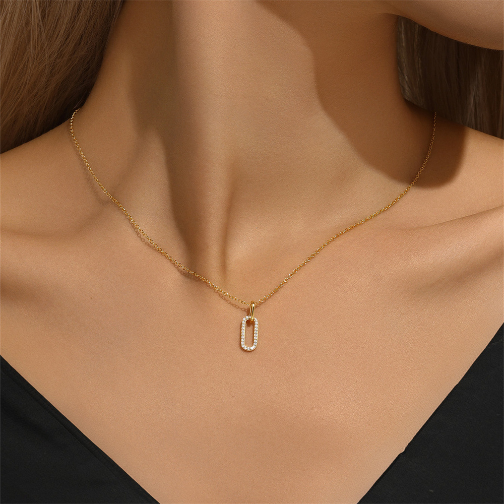 Gold Plated Pavé Oval Pendant Necklace 