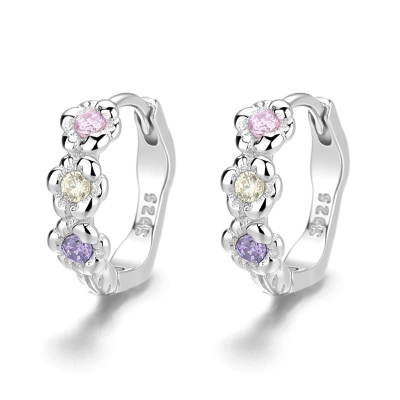 925 Sterling Silver Earrings – Cute 3-Color Flower Ball Huggie Hoop Earrings for Women and Girls