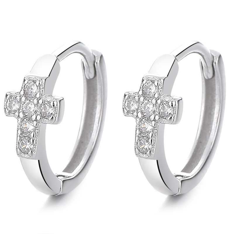 S925 Sterling Silver Pavé Cross Huggie Hoop Earrings