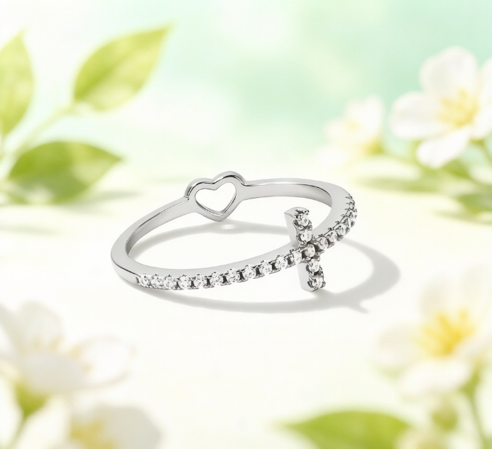 Silver Open Heart Cross Ring