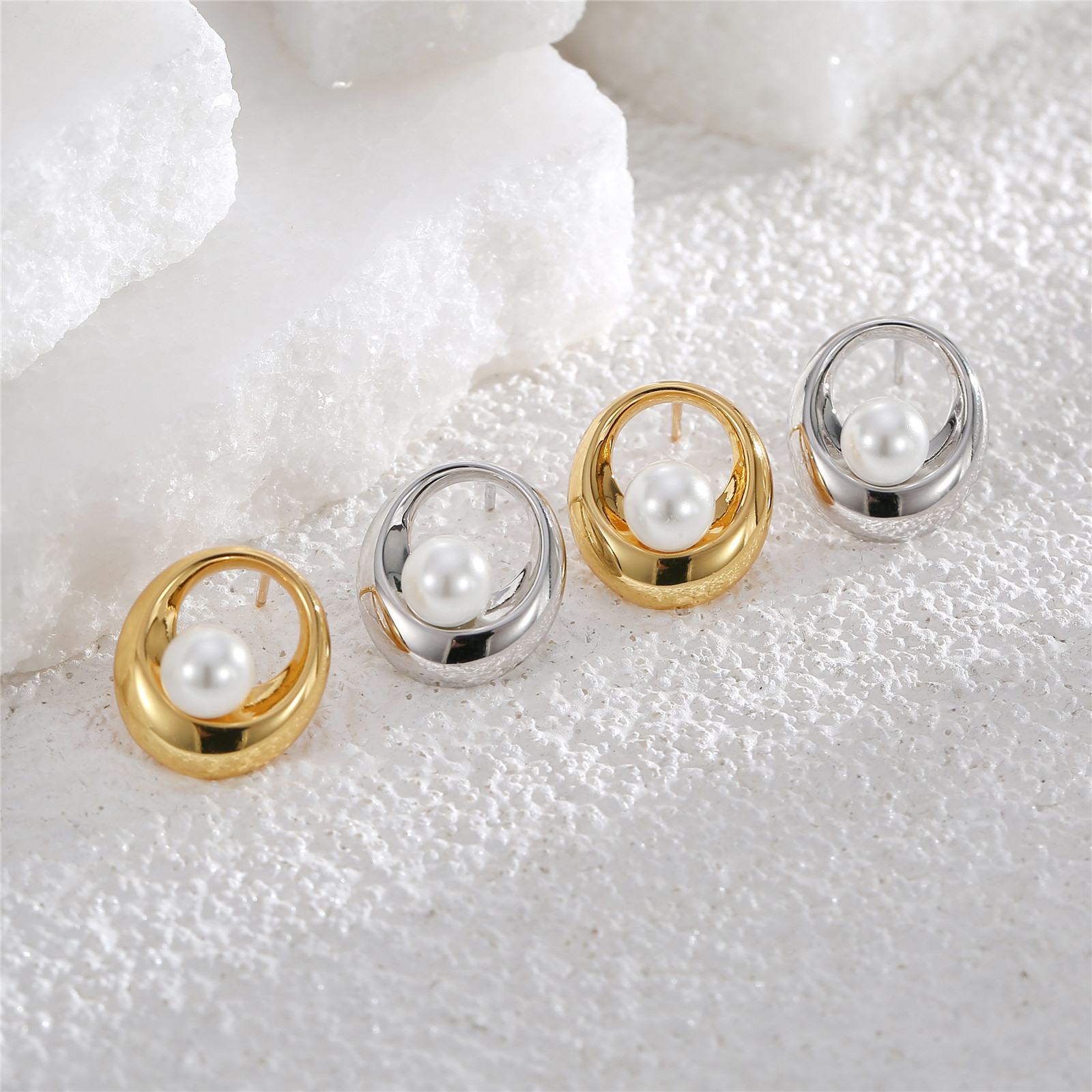 Minimalist Gold - Plated Twisted Hoop Pearl Stud Earrings