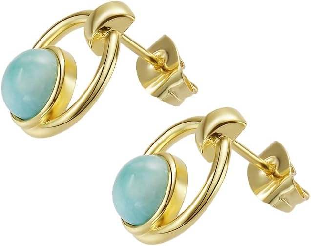 Gold Plated Sterling Silver Earrings with Blue Opal Round Studs - Modern Circle Drop Earrings for Women, Minimalist Geometric Dangle Jewelry