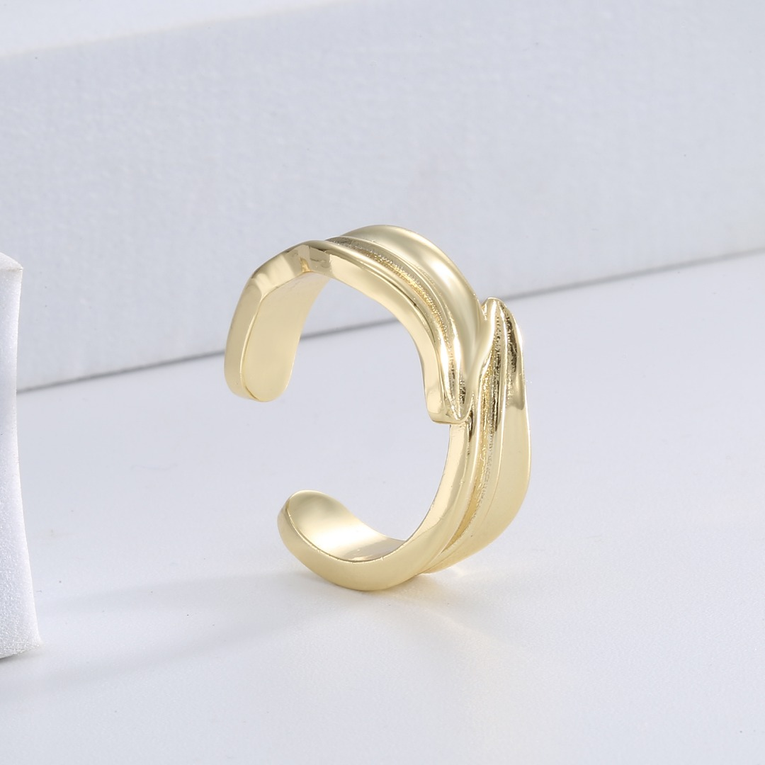 Gold - Tone Textured Wave - Design Open Adjustable Ring