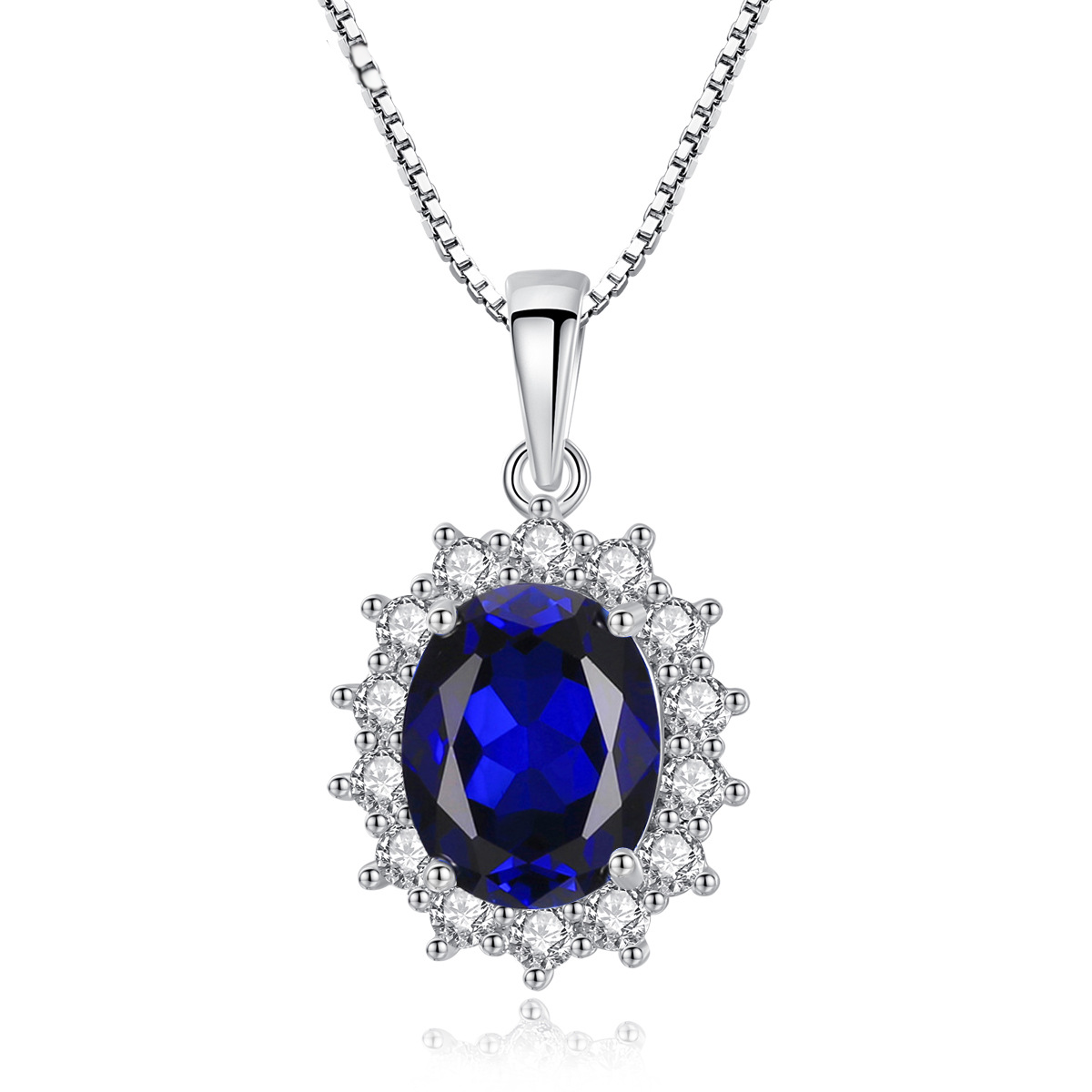 Sapphire Blue Oval Halo Pendant Necklace
