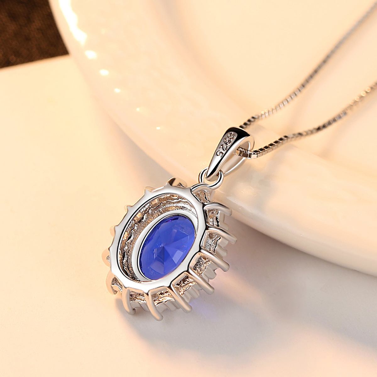 Sapphire Blue Oval Halo Pendant Necklace