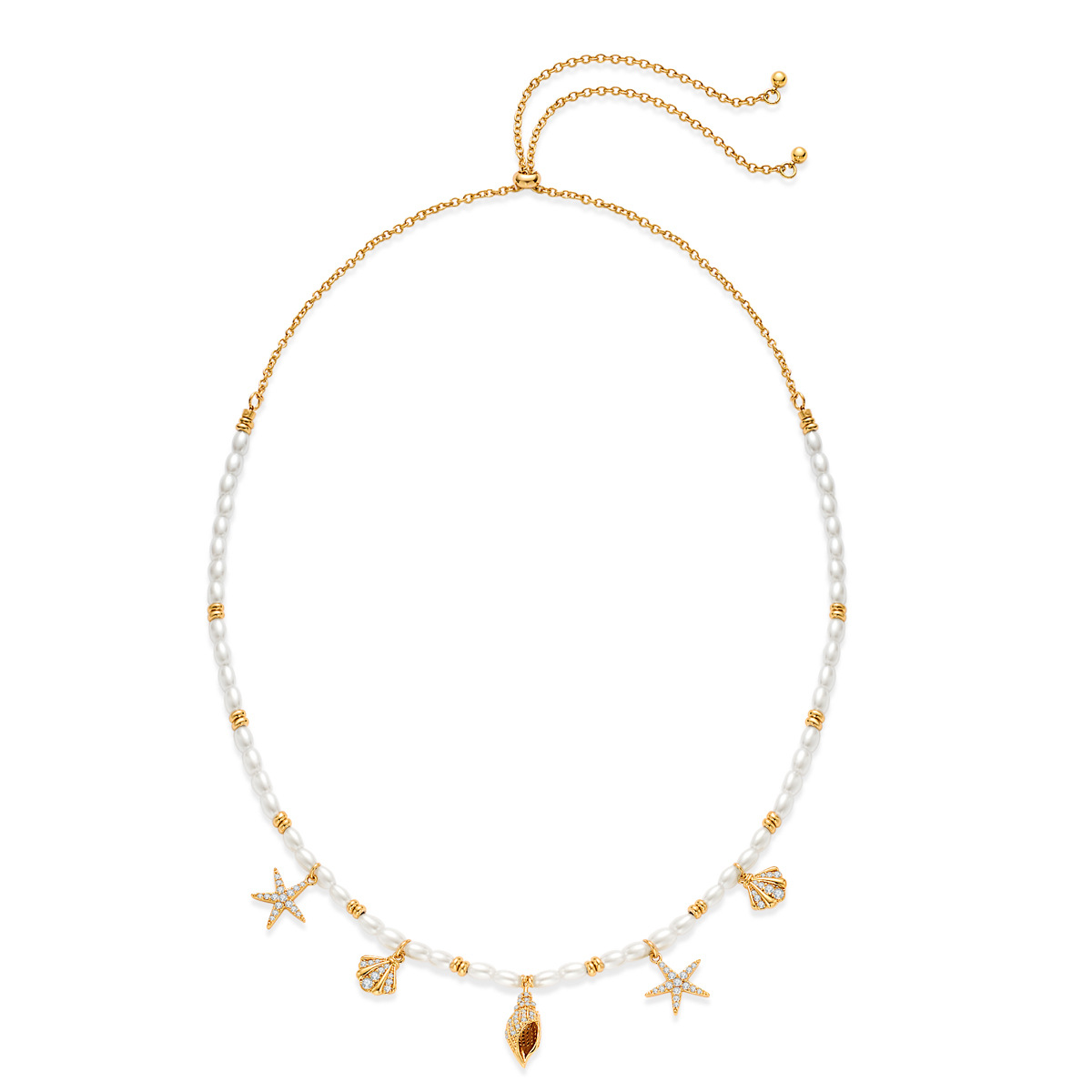 Gold - Plated Copper Necklace with Pearl & Ocean - Charm Pendants