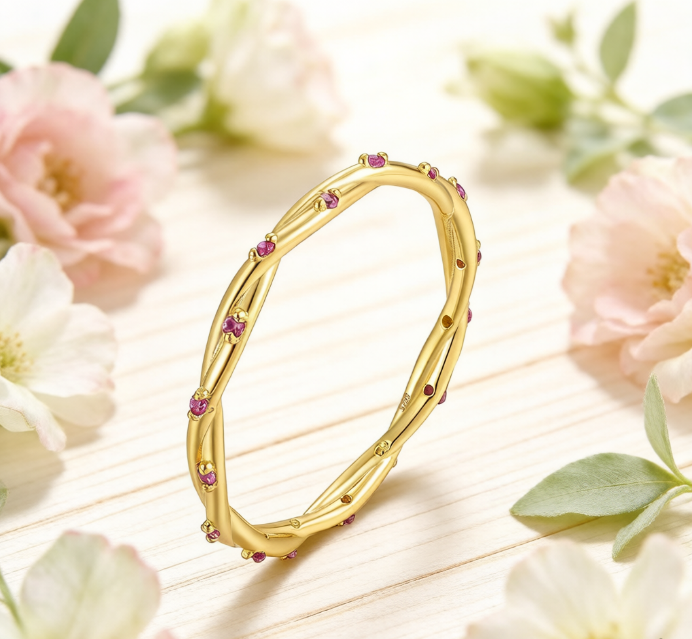 Nature Inspired Twisted Vine Ring with Pink Sapphires in 18K Yellow Gold