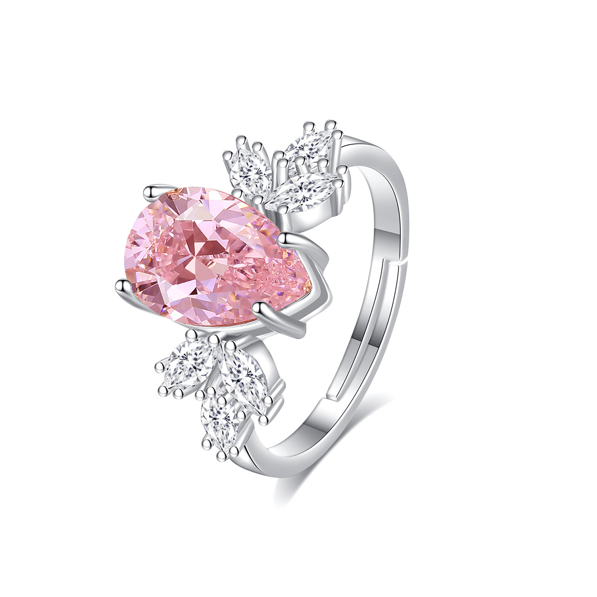 Elegant Pink Teardrop Cubic Zirconia Ring with Marquise Side Stones