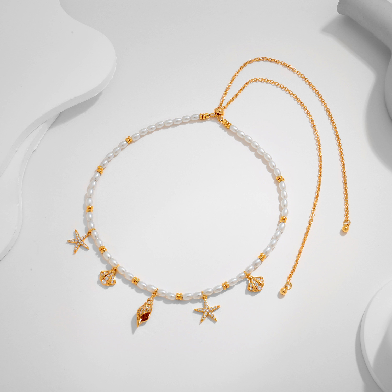 Gold - Plated Copper Necklace with Pearl & Ocean - Charm Pendants