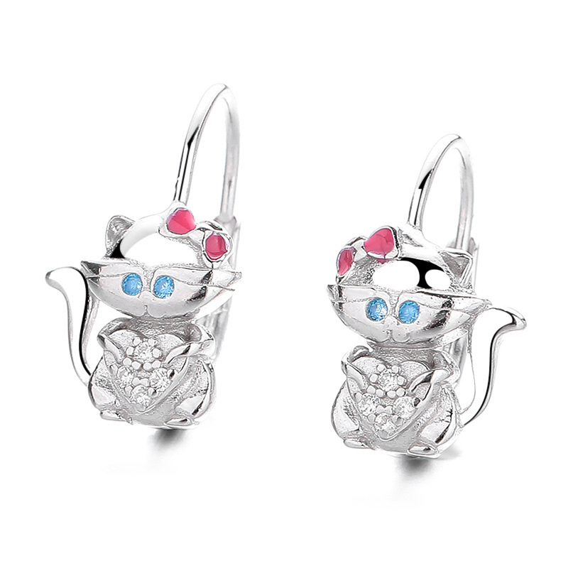 Sterling Silver Enamel Crystal Kitty Cat Huggie Hoop Earrings 