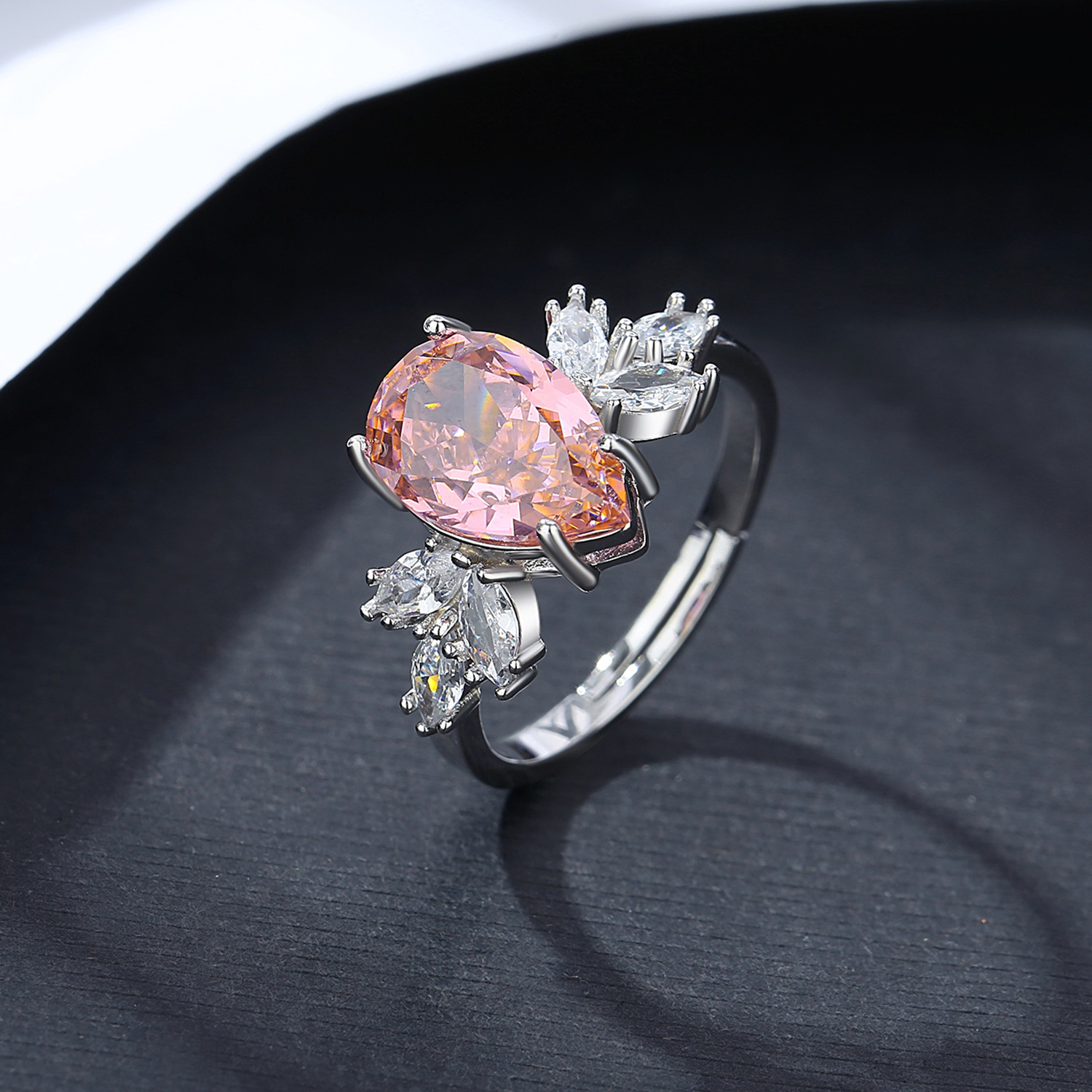 Elegant Pink Teardrop Cubic Zirconia Ring with Marquise Side Stones