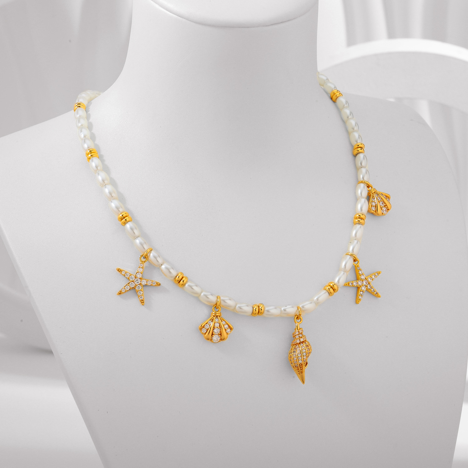 Gold - Plated Copper Necklace with Pearl & Ocean - Charm Pendants