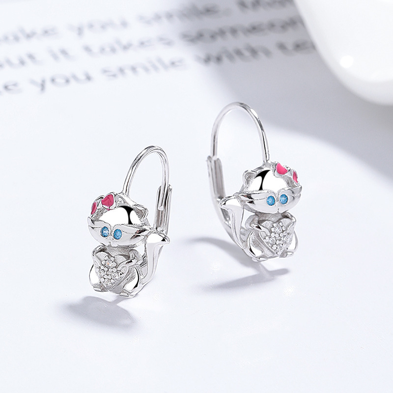 Sterling Silver Enamel Crystal Kitty Cat Huggie Hoop Earrings 