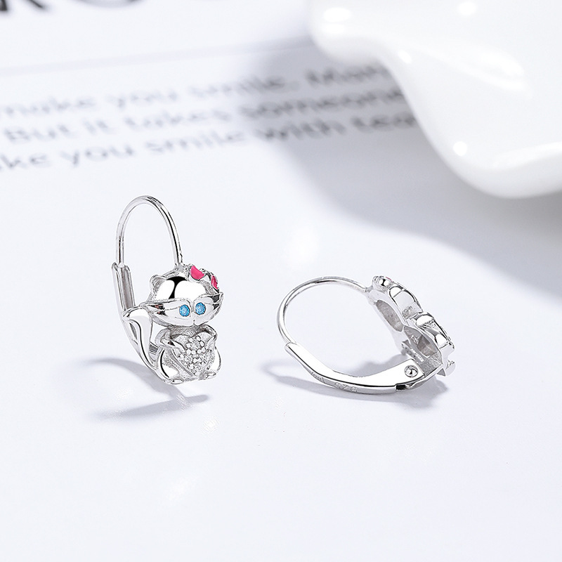Sterling Silver Enamel Crystal Kitty Cat Huggie Hoop Earrings 