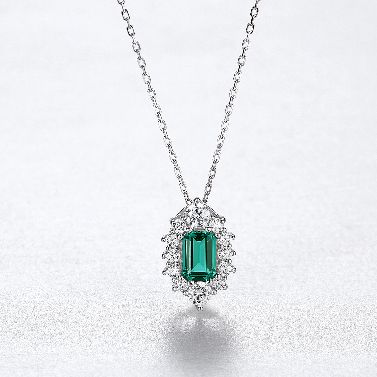 Emerald Green Baguette Halo Pendant Necklace