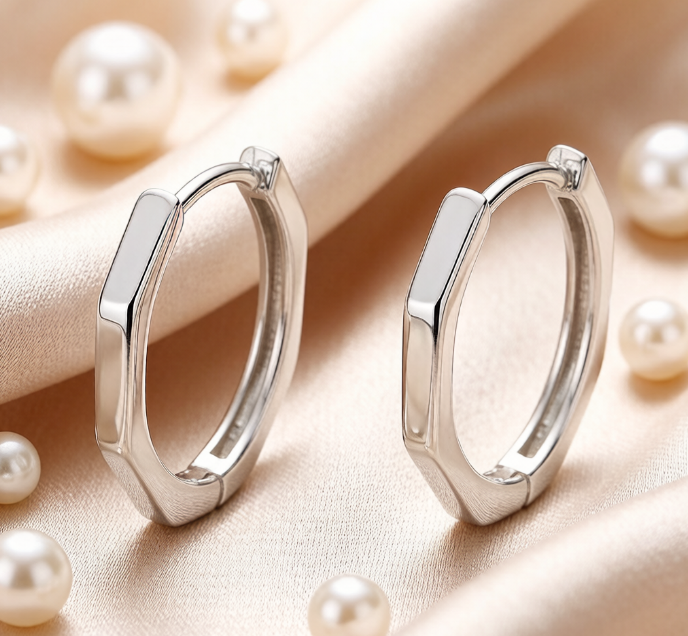 Sterling Silver Geometric Octagonal Huggie Hoop Earrings
