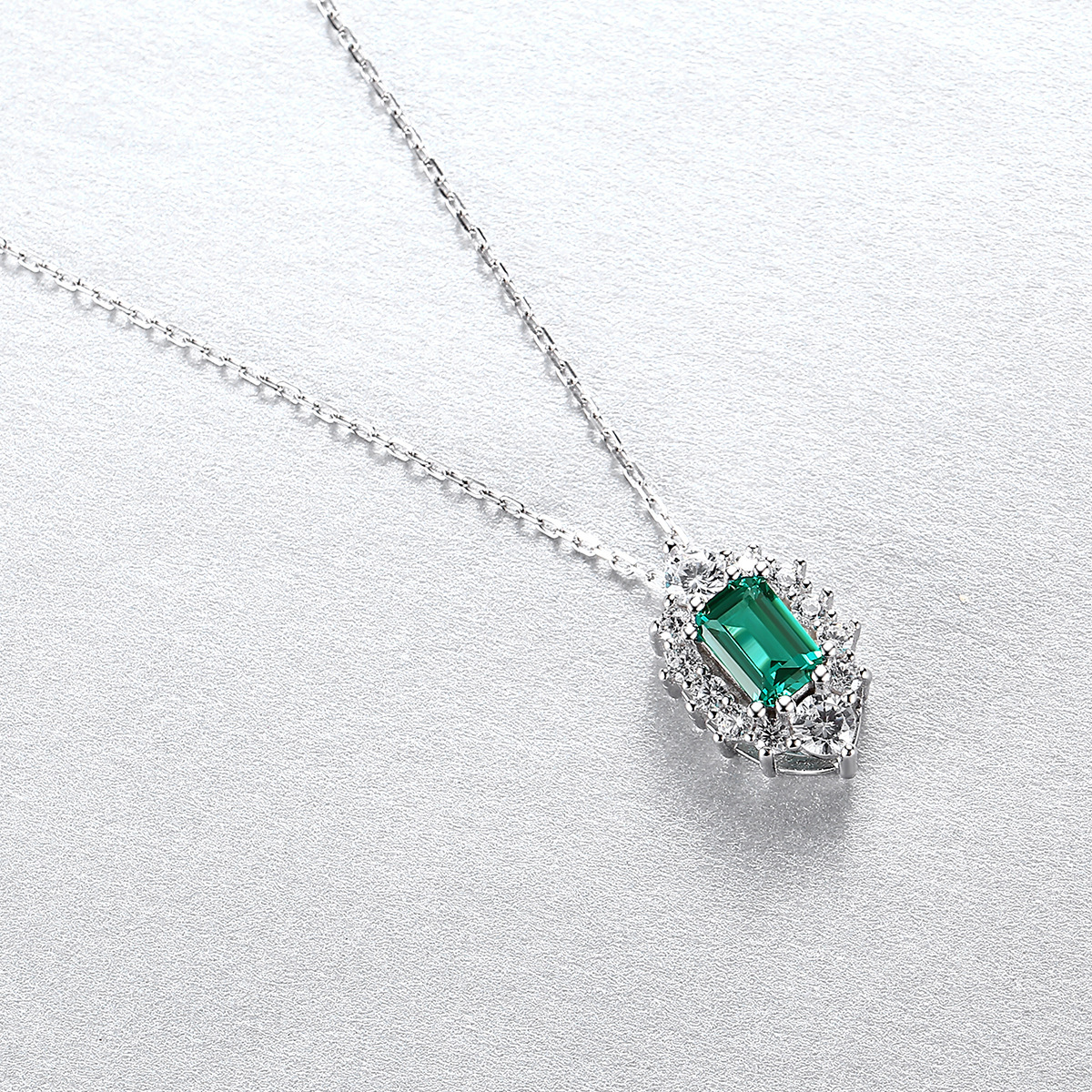 Emerald Green Baguette Halo Pendant Necklace