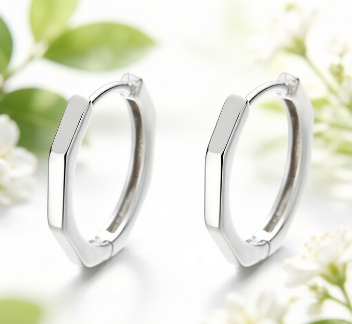 Sterling Silver Geometric Octagonal Huggie Hoop Earrings
