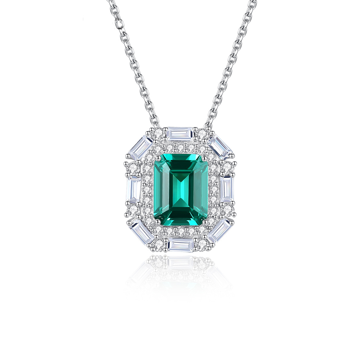 Turquoise Ice Blue Emerald Cut Halo Pendant Necklace 