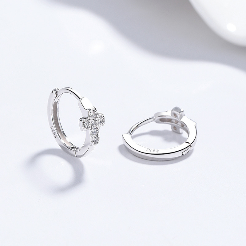 S925 Sterling Silver Pavé Cross Huggie Hoop Earrings