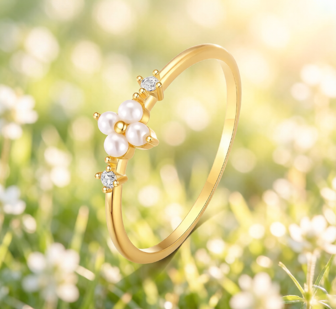 Gold Plated Pearl Cluster Open Flower Ring