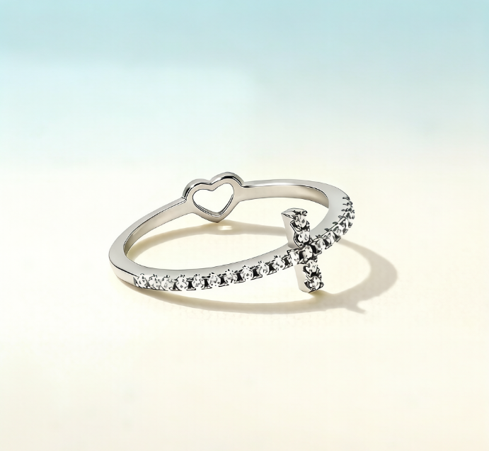 Silver Open Heart Cross Ring