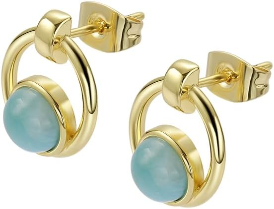 Gold Plated Sterling Silver Earrings with Blue Opal Round Studs - Modern Circle Drop Earrings for Women, Minimalist Geometric Dangle Jewelry