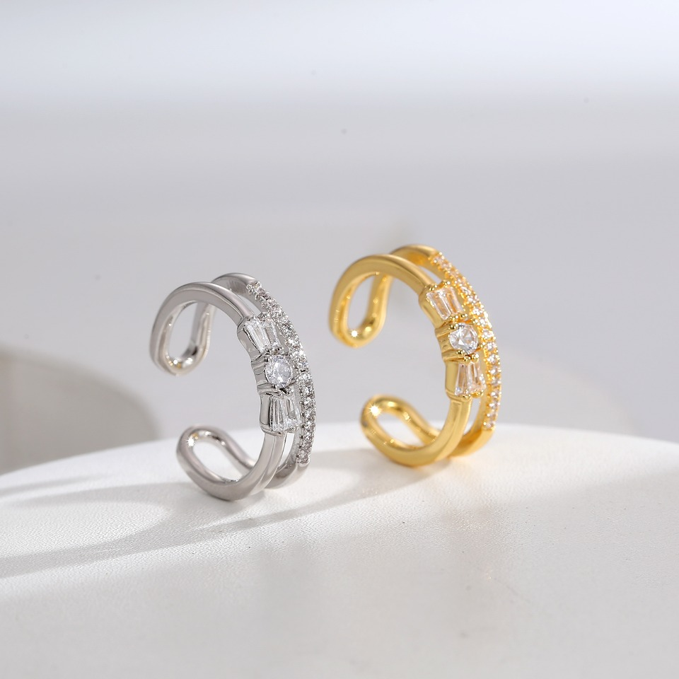 Gold - Tone Double - Band Open Ring with Emerald - Cut & Round Cubic Zirconia
