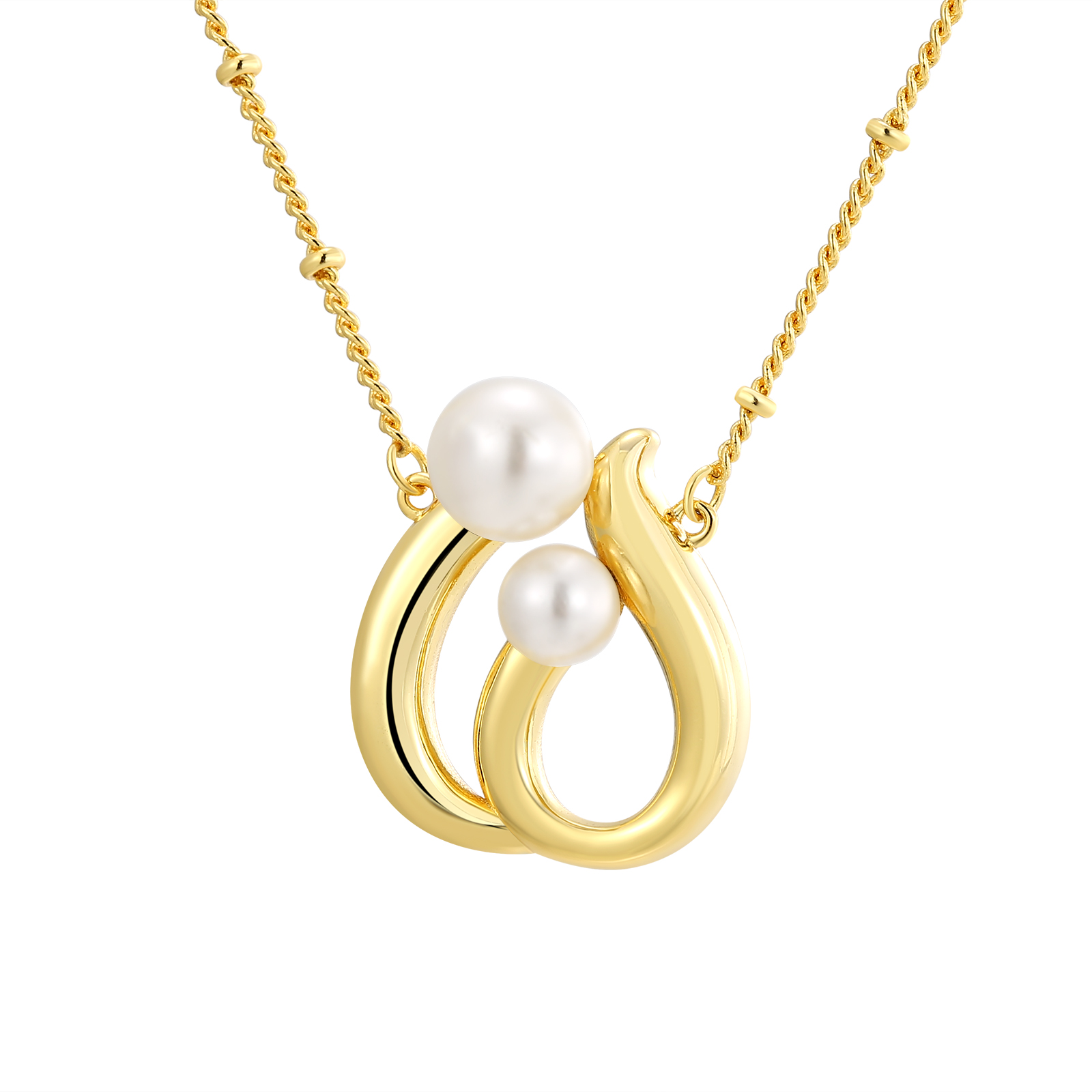 Elegant Gold-Tone Double Pearl Pendant Necklace with Twisted Design