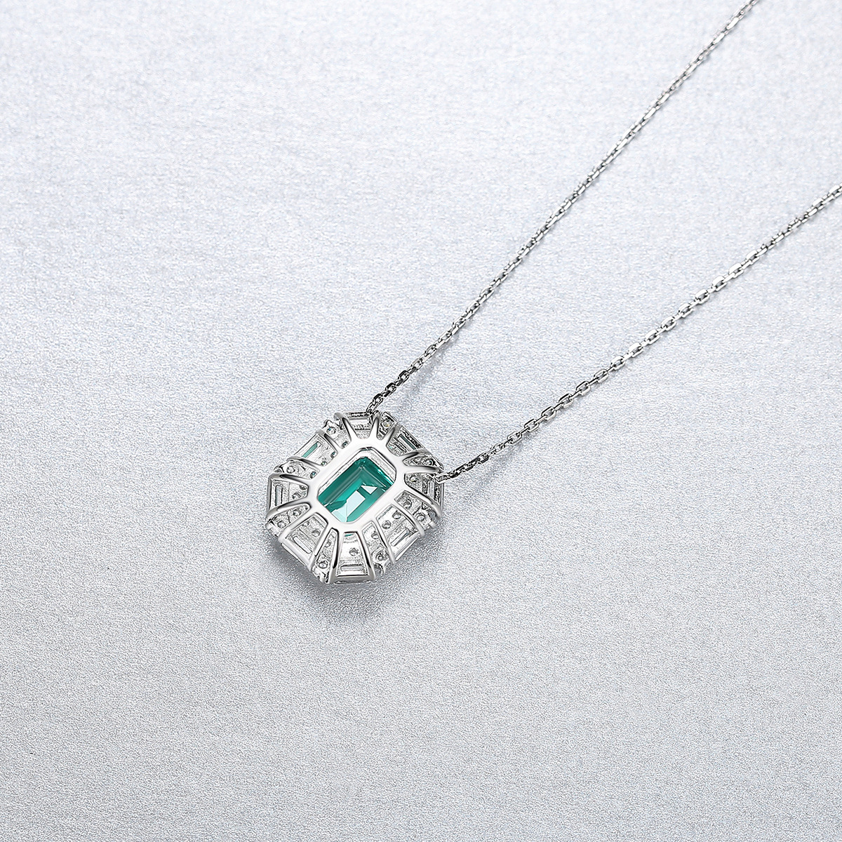 Turquoise Ice Blue Emerald Cut Halo Pendant Necklace 