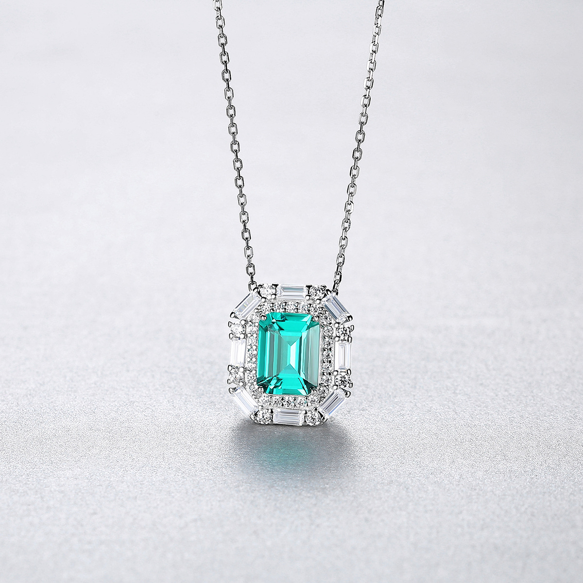 Turquoise Ice Blue Emerald Cut Halo Pendant Necklace 