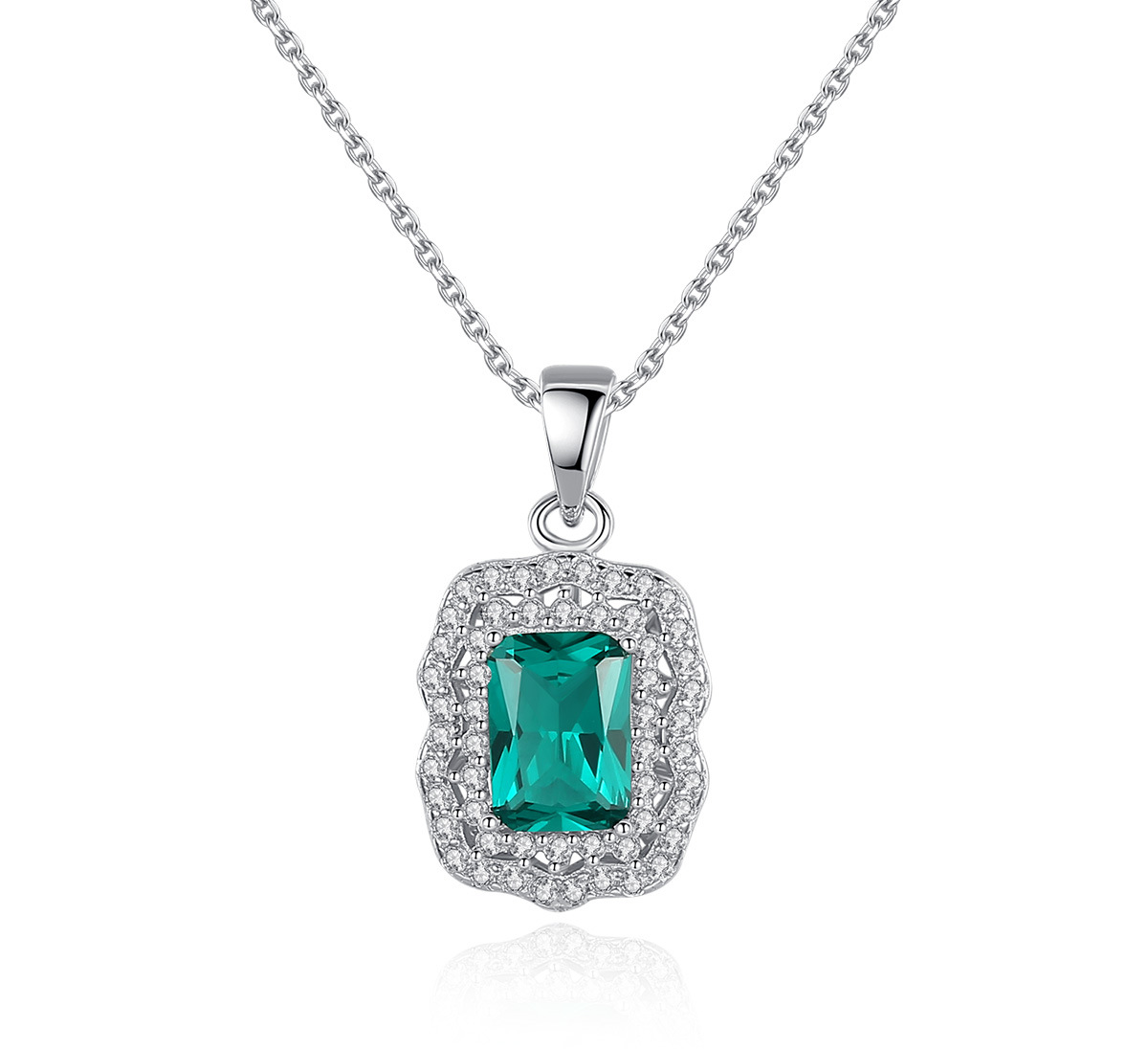 Sterling Silver Emerald Cut Teal Blue Pendant Necklace with Double Halo
