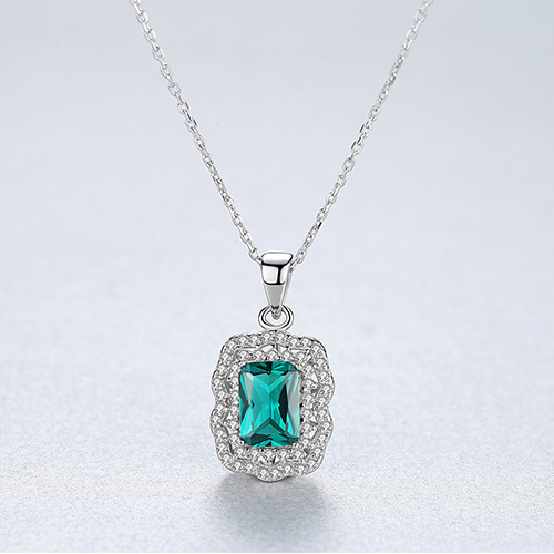 Sterling Silver Emerald Cut Teal Blue Pendant Necklace with Double Halo