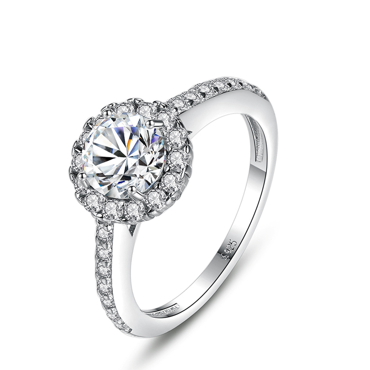 S925 Sterling Silver Classic Halo Round Cubic Zirconia Engagement Ring