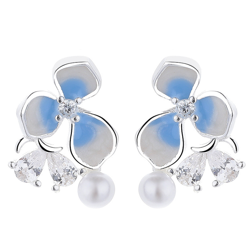 Sterling Silver Blue Enamel Floral Drop Earrings with Pearl 