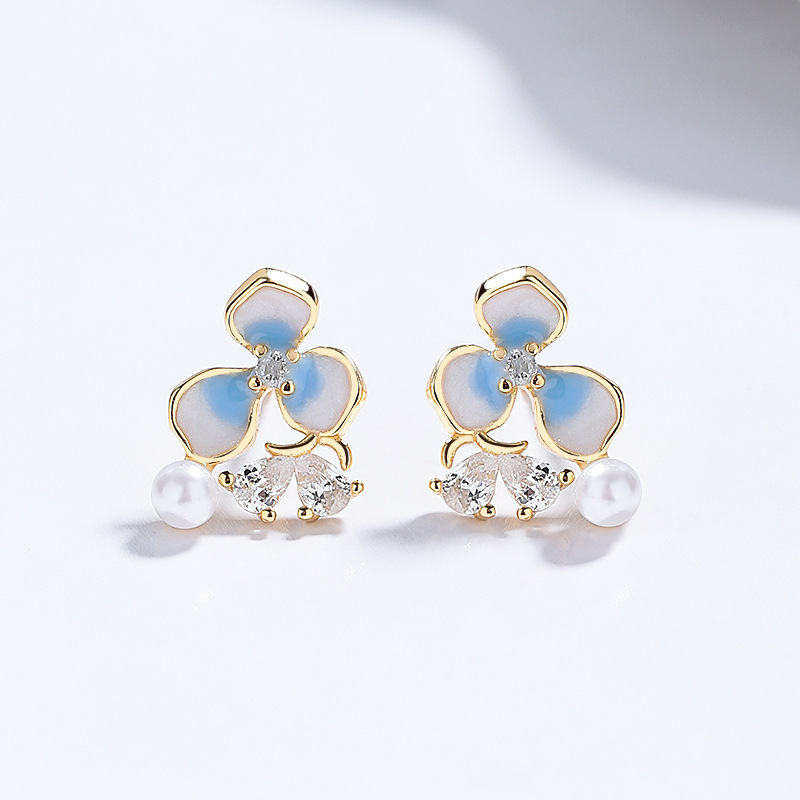Sterling Silver Blue Enamel Floral Drop Earrings with Pearl 