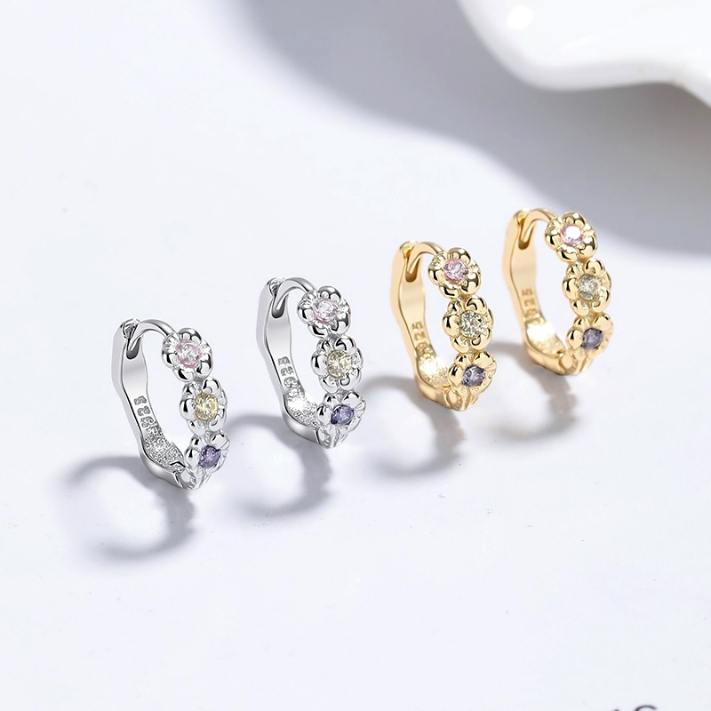 925 Sterling Silver Earrings – Cute 3-Color Flower Ball Huggie Hoop Earrings for Women and Girls