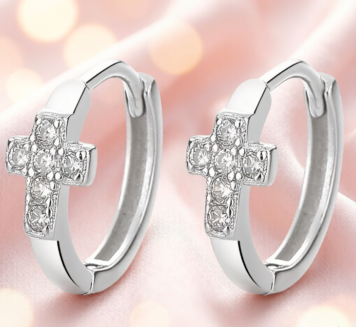 S925 Sterling Silver Pavé Cross Huggie Hoop Earrings
