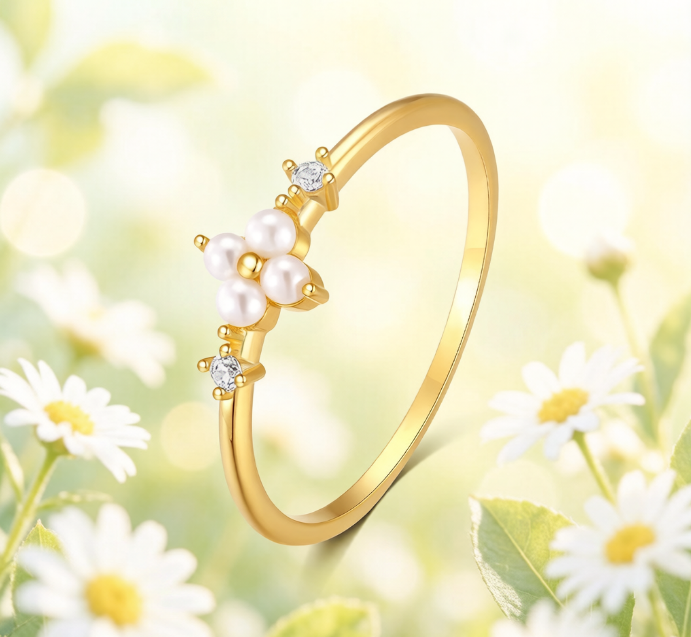 Gold Plated Pearl Cluster Open Flower Ring