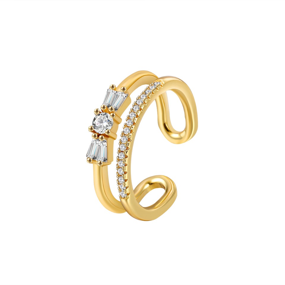 Gold - Tone Double - Band Open Ring with Emerald - Cut & Round Cubic Zirconia