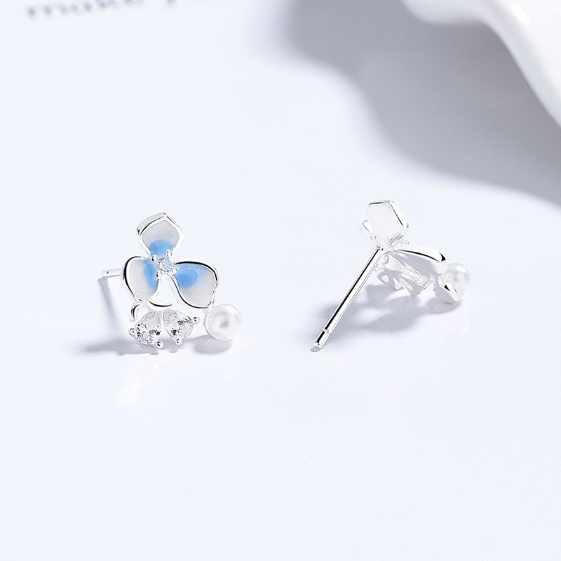 Sterling Silver Blue Enamel Floral Drop Earrings with Pearl 