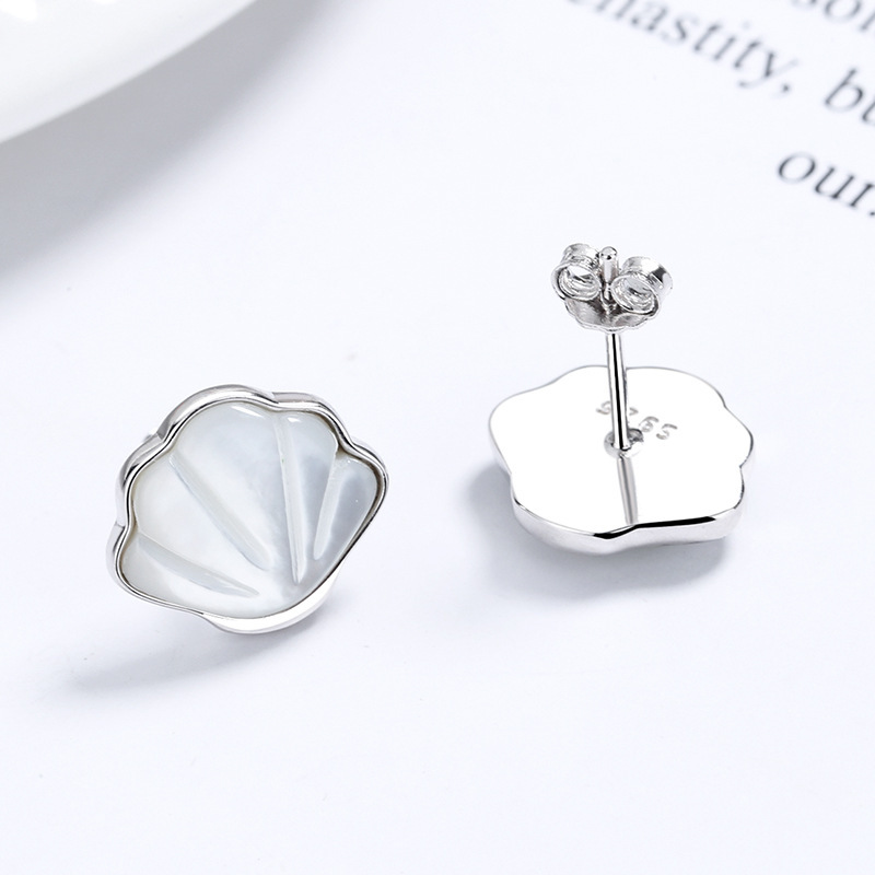 Sterling Silver White Shell Stud Earrings with Simulated Pearl