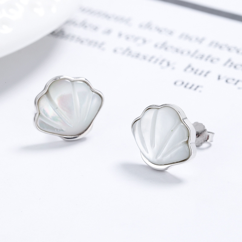 Sterling Silver White Shell Stud Earrings with Simulated Pearl