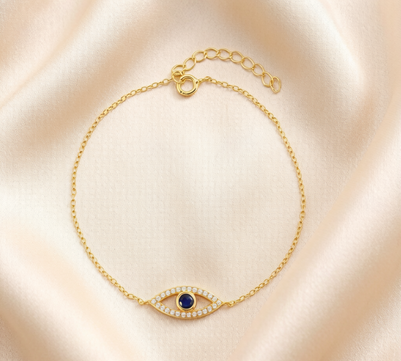 Gold Plated Evil Eye Bracelet with Sapphire Blue Center and Zirconia