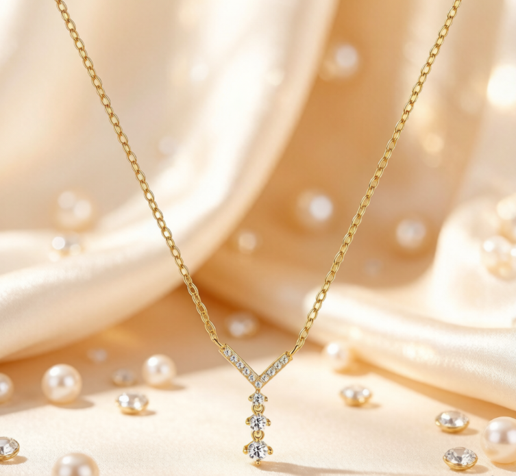 Elegant Gold-Tone V-Shaped Y-Necklace with Dangling Cubic Zirconia 