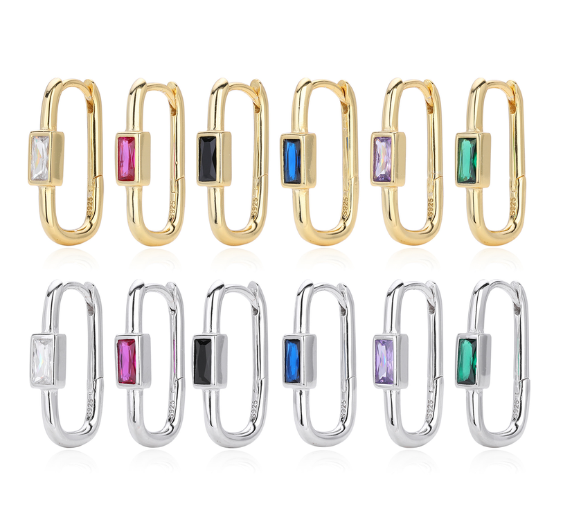 925 Sterling Silver Emerald Cut Huggie Hoop Earrings