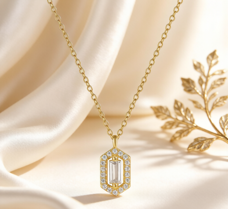 Modern Geometric Gold-Tone Pendant Necklace with Emerald Cut Cubic Zirconia