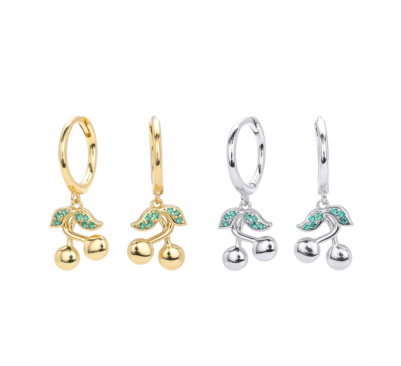 925 Sterling Silver Cherry Charm Huggie Hoop Earrings - Dainty Green Leaf Cubic Zirconia Fruit Drop Earrings