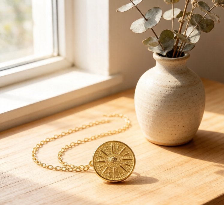 Radiating Sunburst Pendant with Central Gemstone, Retro Lucky Charm Jewelry for Women