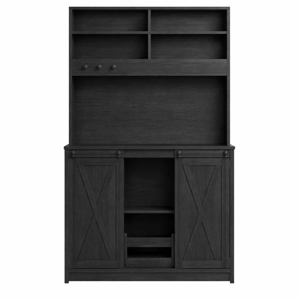 Credenza Cucina con Luci LED e Ripiani Regolabili, Portabottiglie per 6, Ante Scorrevoli, Nero-Xeljoy